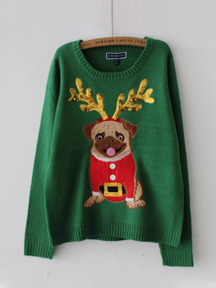 LuxeOrbit Women Ugly Christmas Sweater Thick Warm Winter Pullovers Loose Pug Dog Embroidery Sequins Full Sleeve Knitted Girl Tops T0N654T