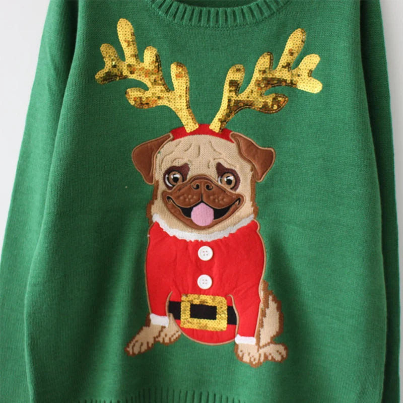 LuxeOrbit Women Ugly Christmas Sweater Thick Warm Winter Pullovers Loose Pug Dog Embroidery Sequins Full Sleeve Knitted Girl Tops T0N654T