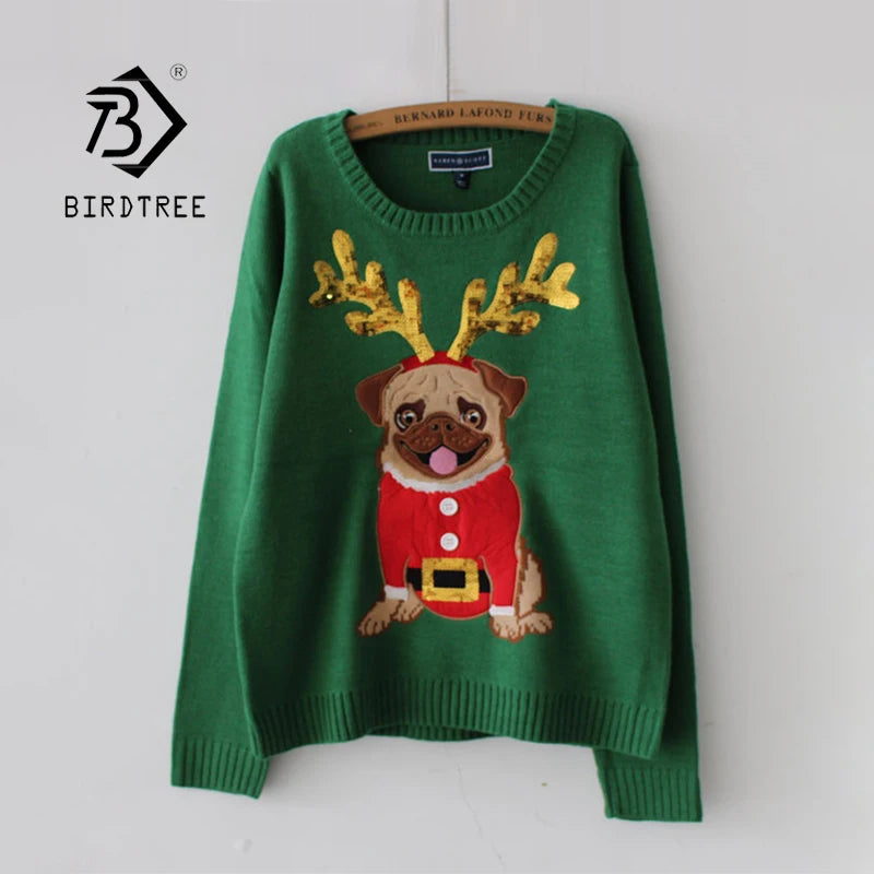 LuxeOrbit Women Ugly Christmas Sweater Thick Warm Winter Pullovers Loose Pug Dog Embroidery Sequins Full Sleeve Knitted Girl Tops T0N654T