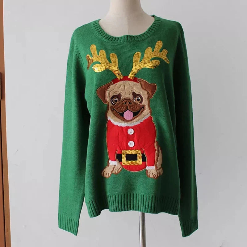 LuxeOrbit Women Ugly Christmas Sweater Thick Warm Winter Pullovers Loose Pug Dog Embroidery Sequins Full Sleeve Knitted Girl Tops T0N654T