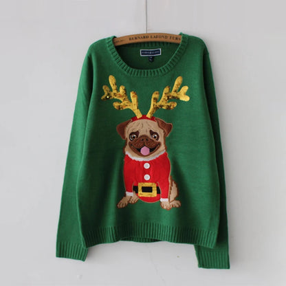 LuxeOrbit Women Ugly Christmas Sweater Thick Warm Winter Pullovers Loose Pug Dog Embroidery Sequins Full Sleeve Knitted Girl Tops T0N654T