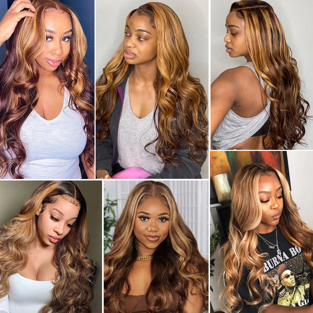 LuxeOrbit 13x6 Highlight Lace Frontal Wig Human Hair Body Wave Ombre Colored Honey Blonde Lace Front Human Hair Wigs For Women Pre Plucked