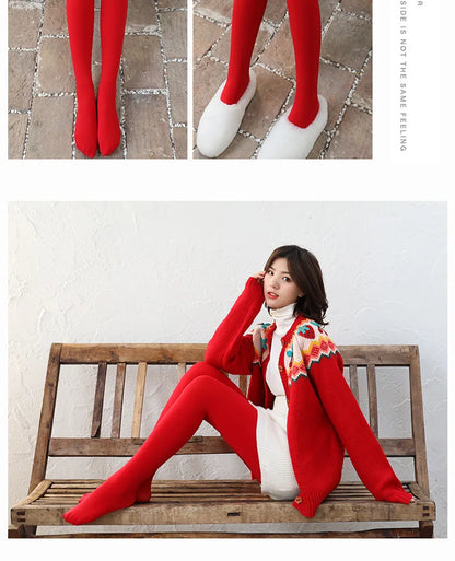 LuxeOrbit 160g 300g New Design Bright Women Red Leggings Wedding Autumn Winter Plush Thickened Pantyhose Wear Benmingnian Warm Pants