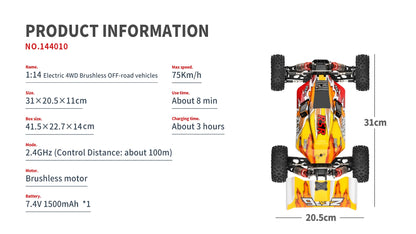 LuxeOrbit 144010 V8 RC Car Brushless 1:14 75Km/H High Speed Metal 4WD Drive Off-Road 2.4G Transmitter 1/14 RC Racing Car  VS 144010