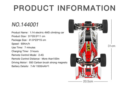 LuxeOrbit 144001 1:14 RC Racing Car 60Km/H 2.4G Remote Control High Speed Off-Road Drift Shock Absorption Adult Boys Toys Kids Gift