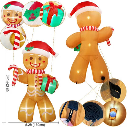 LuxeOrbit 8FT/2.4M Christmas Inflatables Gingerbread Man with Gift Pack Outdoor Decorations Xmas Yard Decorations with LED Lights for Lawn