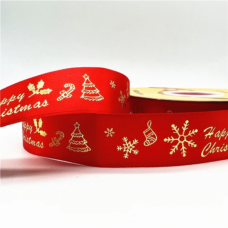 LuxeOrbit 5yards 1inch 25mm Christmas Ribbon Printed Christmas Polyester Ribbon For Handmade Design Christmas Decoration DIY Gift Packing