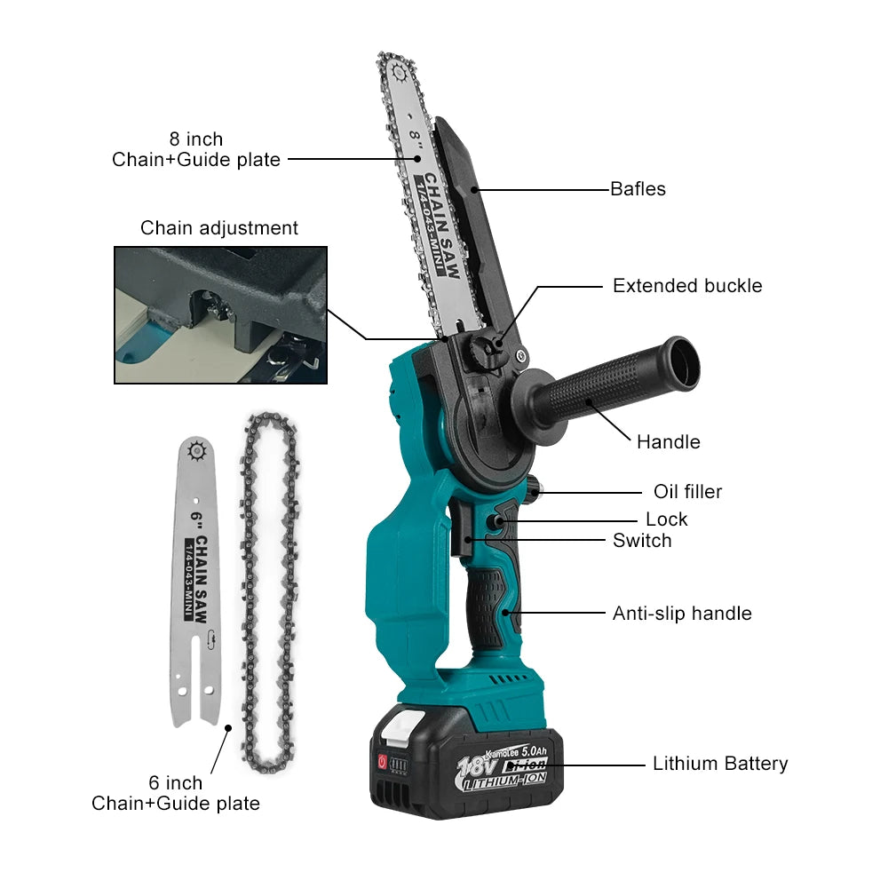 LuxeOrbit  5.0Ah 6 Inch 8 Inch Mini Brushless Electric Saw Rechargeable Chain Saw Wood Cutter Pruning Garden Power Tools