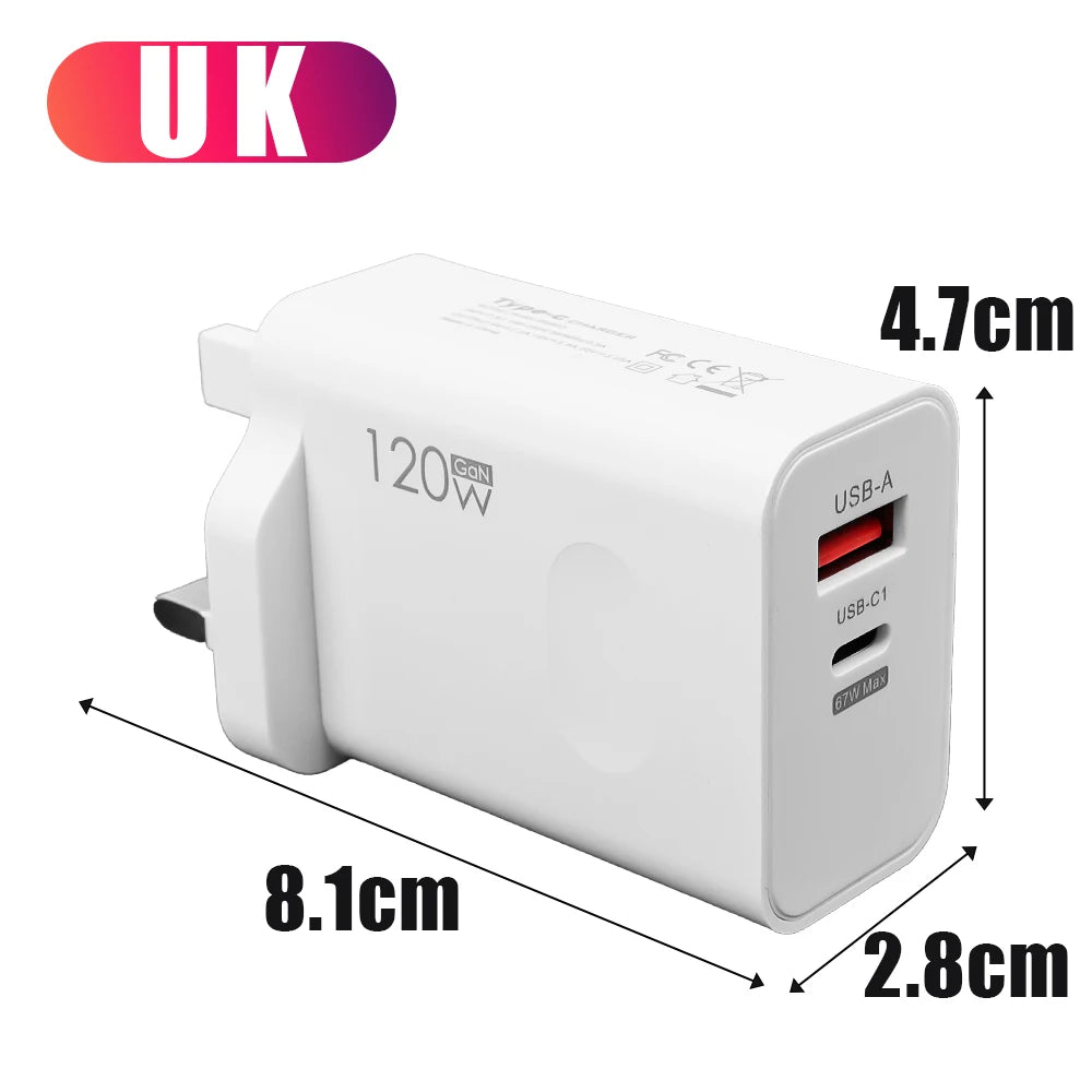 LuxeOrbit 120W USB Type C PD Super Fast Charger 10A Cable Gan Fast Charging Quick Power Adapter for IPhone Xiaomi Samsung OnePlus Huawei