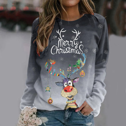 LuxeOrbit Sweatshirt For Women Merry Christmas Cute Cartoon Elk Print O Neck Pullvers Tops Oversize Loose Casual Long Sleeve Hoodie Autumn