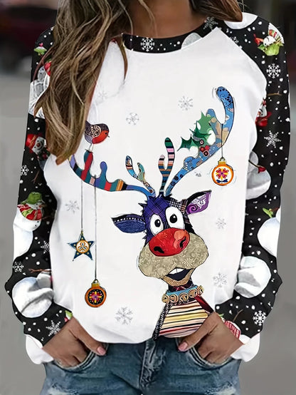 LuxeOrbit Cozy Christmas Elk Print Crew Neck Pullover Sweatshirt - Regular Fit, Long Sleeve, - Casual Womens Clothing For All Seasons