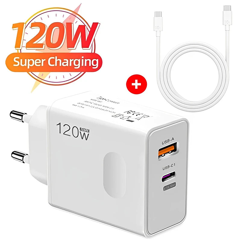 LuxeOrbit 120W USB Type C PD Super Fast Charger 10A Cable Gan Fast Charging Quick Power Adapter for IPhone Xiaomi Samsung OnePlus Huawei