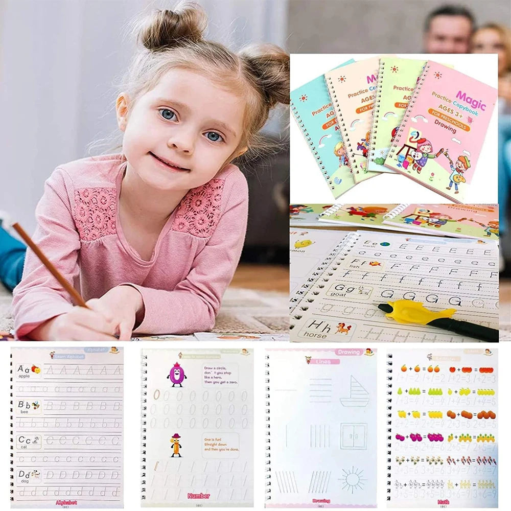 LuxeOrbit 4 Books Pen Magic Copybook Free Wiping Children's Kids Writing Sticker Practice English Copybook For Calligraphy Montessori Gift