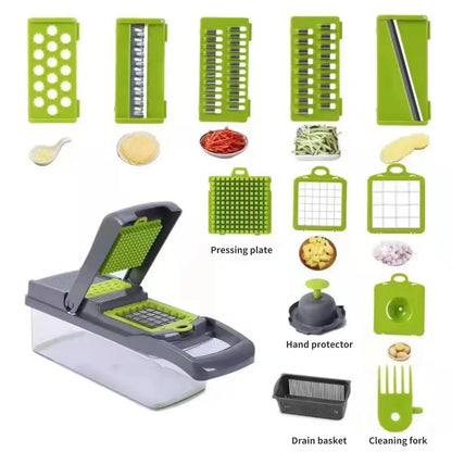 LuxeOrbit 1Pc Green Black 12 in 1 Multifunctional Vegetable Slicer Cutter Shredders Slicer With Basket Fruit Potato Chopper Carrot Grater