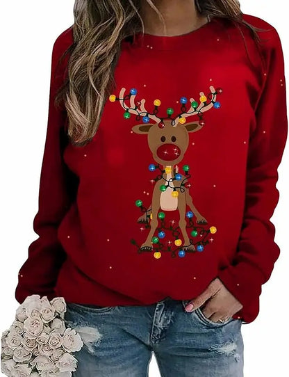 LuxeOrbit Red women's Christmas sports shirt reindeer snowflake round neck long sleeved plus size top