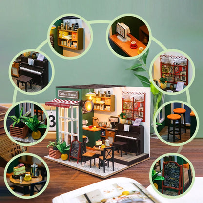 LuxeOrbit DIY 3D Puzzles Wooden Toy Miniature Dollhouse Handmade Doll House Model Building Kits Coffee House Toys For Children Gifts