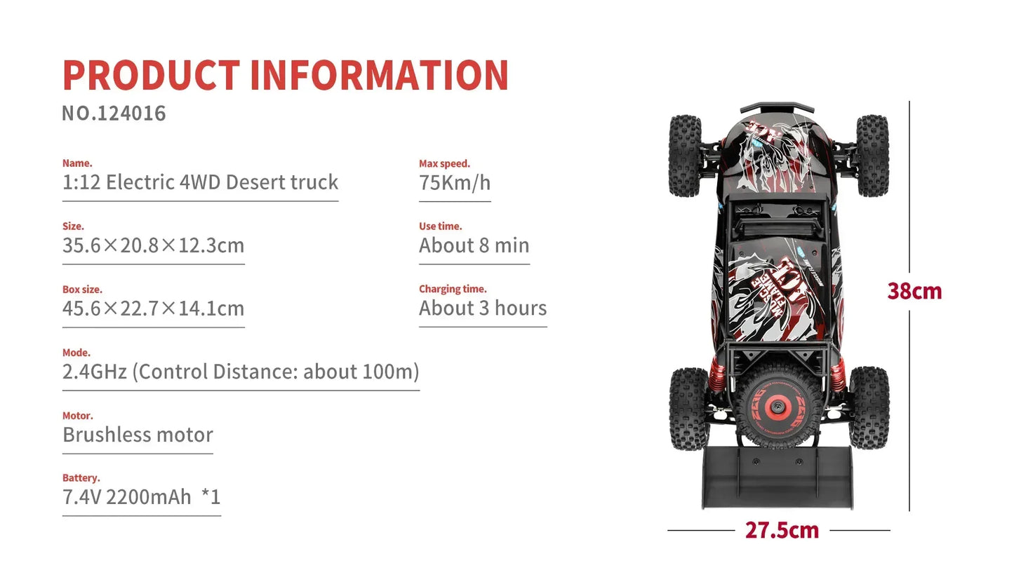 LuxeOrbit 124008 60KM/H RC Car With 3S Battery Professional Racing Car 4WD Brushless Electric Remote Control Cars Children's Toys