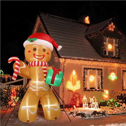 LuxeOrbit 8FT/2.4M Christmas Inflatables Gingerbread Man with Gift Pack Outdoor Decorations Xmas Yard Decorations with LED Lights for Lawn