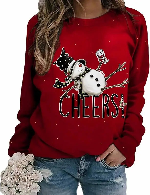 LuxeOrbit Red women's Christmas sports shirt reindeer snowflake round neck long sleeved plus size top