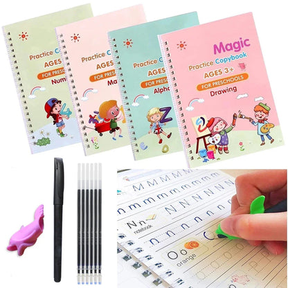 LuxeOrbit 4 Books Pen Magic Copybook Free Wiping Children's Kids Writing Sticker Practice English Copybook For Calligraphy Montessori Gift