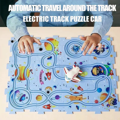 LuxeOrbit DIYChildren Puzzle Electric Railroad Speeder DIY Assembly Electric Car Automatic Rail City Scene Construction Baby Play Mat Gift