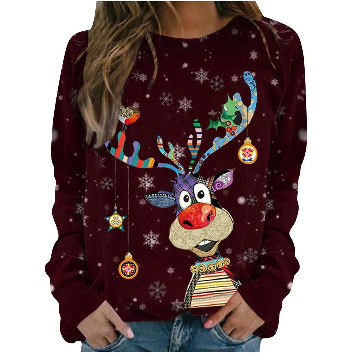 LuxeOrbit 2024 Foreign Trade Autumn Clothing New Amazon Wish AliExpress Christmas Pattern Printed Long Sleeve Round Neck Hoodie for Women