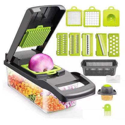 LuxeOrbit 1Pc Green Black 12 in 1 Multifunctional Vegetable Slicer Cutter Shredders Slicer With Basket Fruit Potato Chopper Carrot Grater