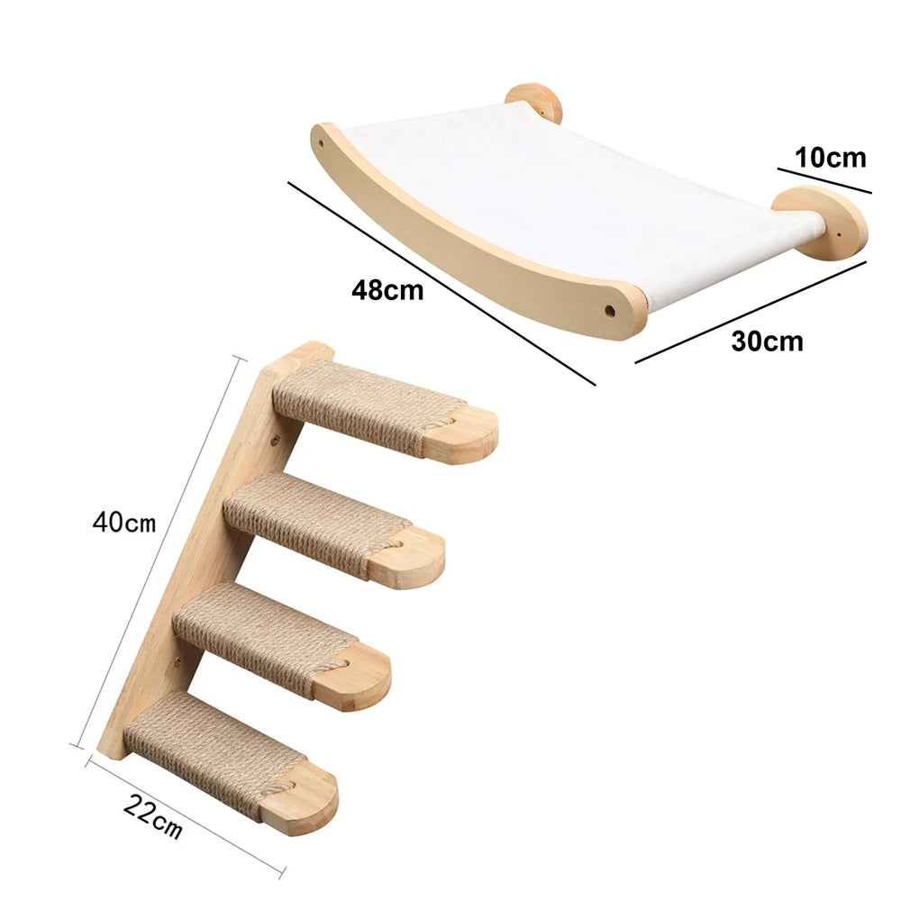 LuxeOrbit Cat Climbing Tree Wall Mounted Wooden Cat Shelves Jumping Furniture Cat Scratching Post Hammock Stairs Playing Climbing Frame