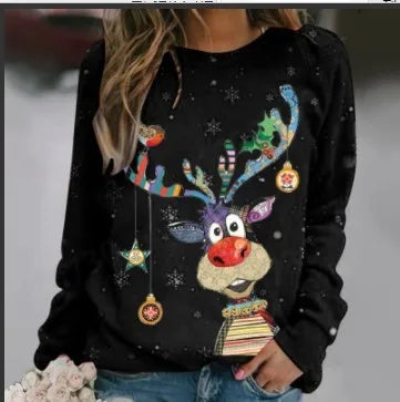 LuxeOrbit 2024 Foreign Trade Autumn Clothing New Amazon Wish AliExpress Christmas Pattern Printed Long Sleeve Round Neck Hoodie for Women