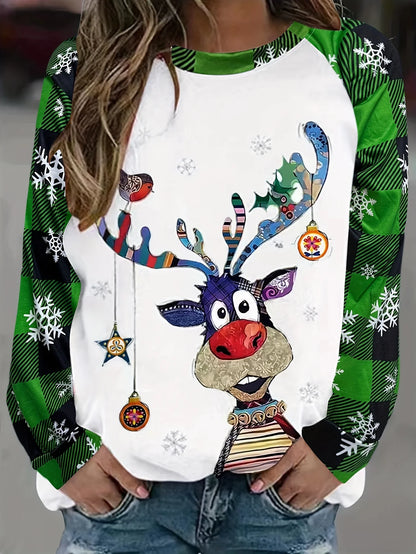 LuxeOrbit Cozy Christmas Elk Print Crew Neck Pullover Sweatshirt - Regular Fit, Long Sleeve, - Casual Womens Clothing For All Seasons