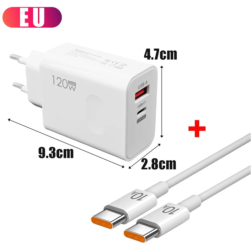 LuxeOrbit 120W USB Type C PD Super Fast Charger 10A Cable Gan Fast Charging Quick Power Adapter for IPhone Xiaomi Samsung OnePlus Huawei