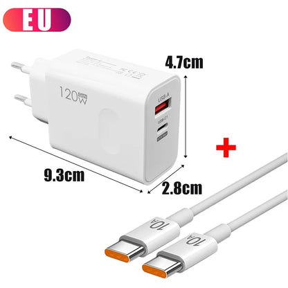 LuxeOrbit 120W USB Type C PD Super Fast Charger 10A Cable Gan Fast Charging Quick Power Adapter for IPhone Xiaomi Samsung OnePlus Huawei