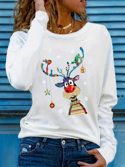 LuxeOrbit Autumn Plus Size Christmas Women Hoodie Sweatshirt Christmas Elk Print Sweatshirt Casual Long Sleeve Pullover Women's Hoodie Top