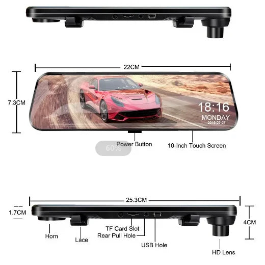 LuxeOrbit 10 Inch Mirror Camera for Car Touch Screen Video Recorder Rearview Mirror Dash Cam Front and Rear Camera Mirror DVR Black Box