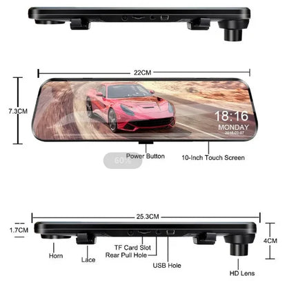 LuxeOrbit 10 Inch Mirror Camera for Car Touch Screen Video Recorder Rearview Mirror Dash Cam Front and Rear Camera Mirror DVR Black Box