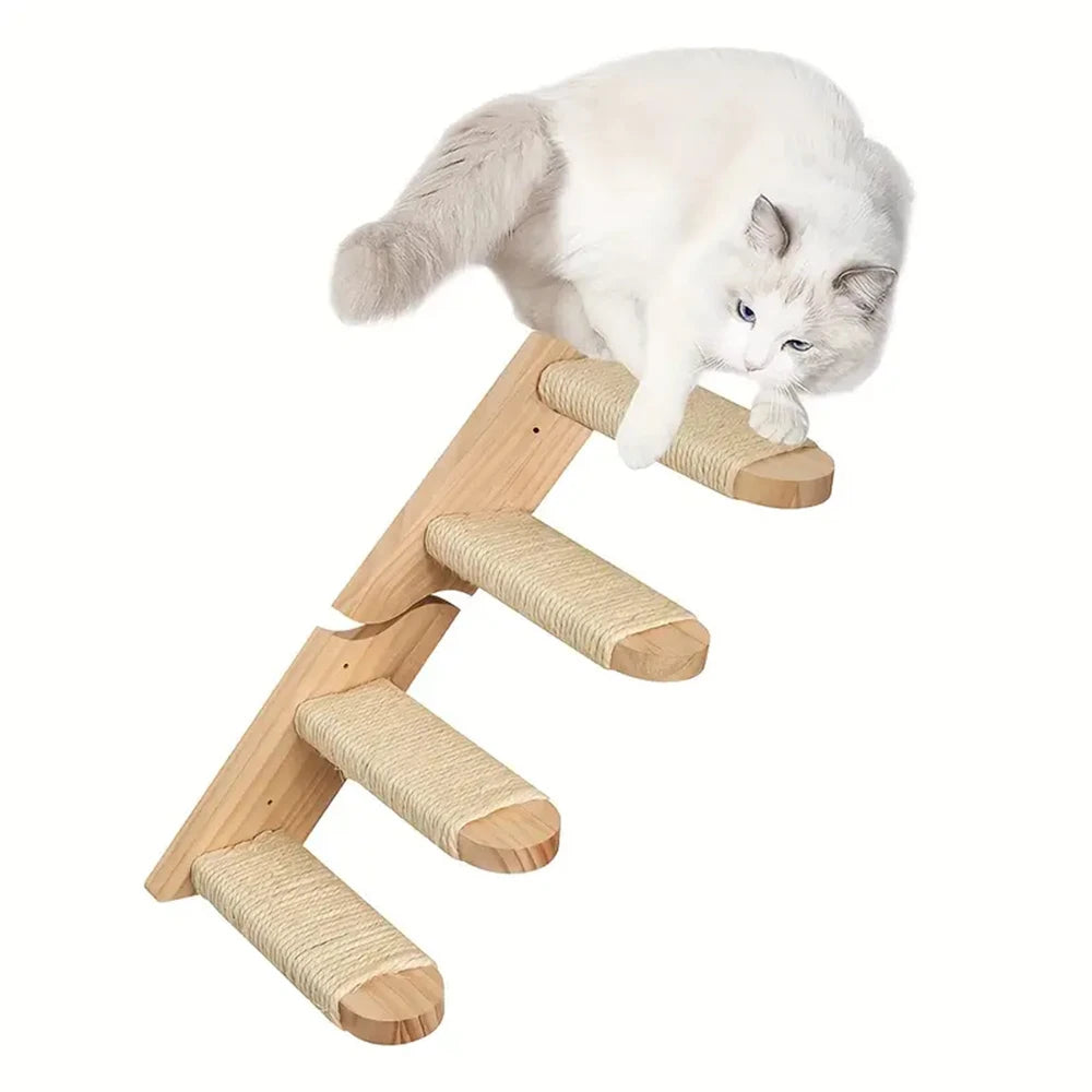 LuxeOrbit Cat Climbing Tree Wall Mounted Wooden Cat Shelves Jumping Furniture Cat Scratching Post Hammock Stairs Playing Climbing Frame