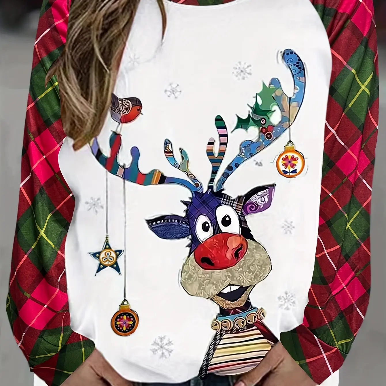 LuxeOrbit Cozy Christmas Elk Print Crew Neck Pullover Sweatshirt - Regular Fit, Long Sleeve, - Casual Womens Clothing For All Seasons