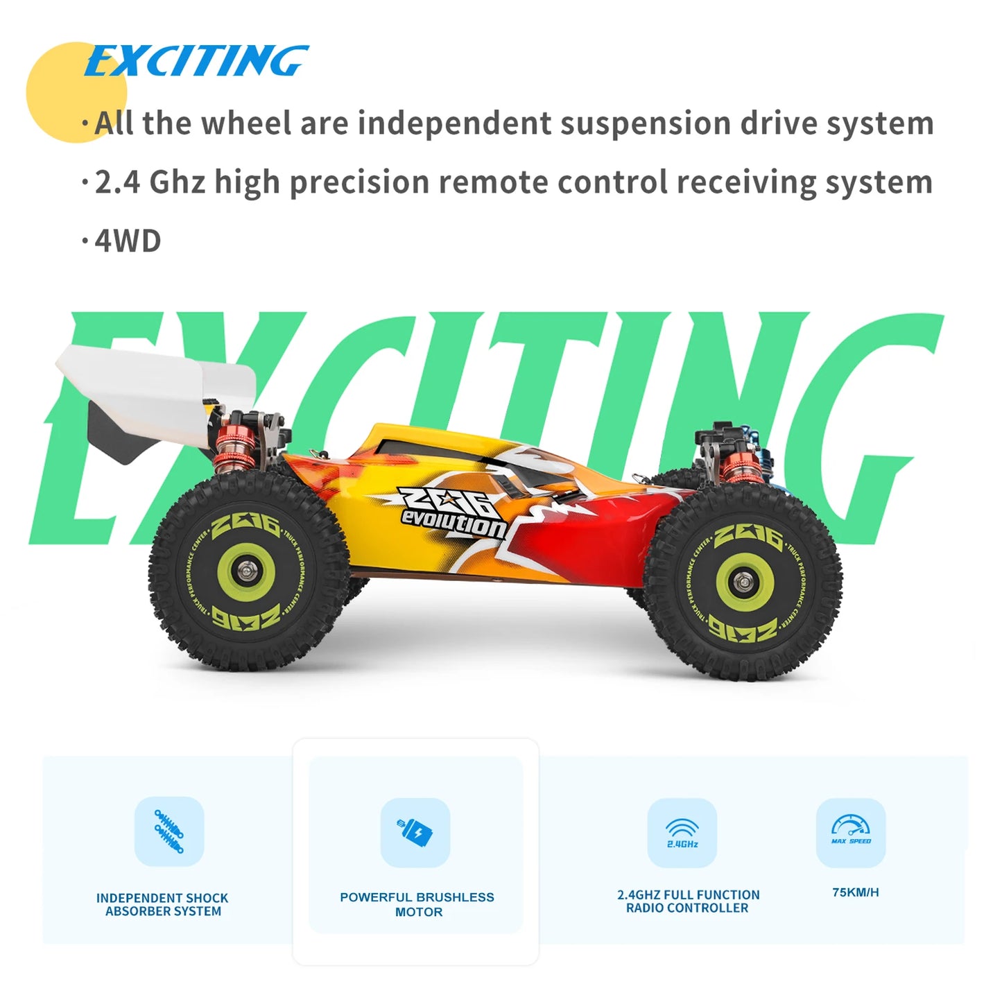 LuxeOrbit XKS 144010 Remote Control Car Off-Road Car High Speed 75km/h 1/14 2.4GHz Racing Car 4WD RTR with Metal Chassis