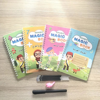 LuxeOrbit Arabic Version Writing Sank Magic Practice Copybook 4pcs Kids Writing Practice Books 1 Pen, 5 Pen Refills Full Set Gif