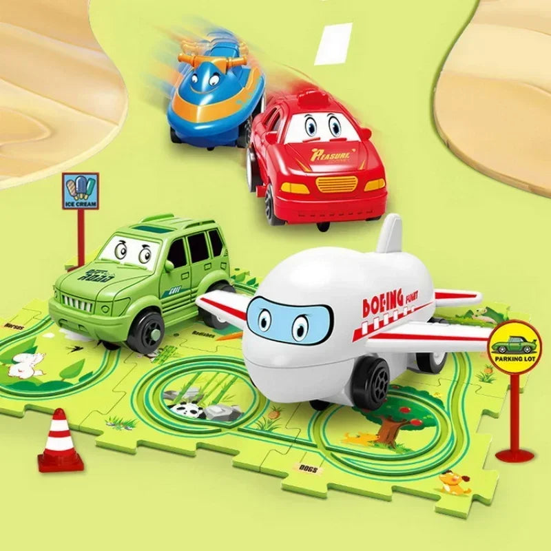 LuxeOrbit DIYChildren Puzzle Electric Railroad Speeder DIY Assembly Electric Car Automatic Rail City Scene Construction Baby Play Mat Gift