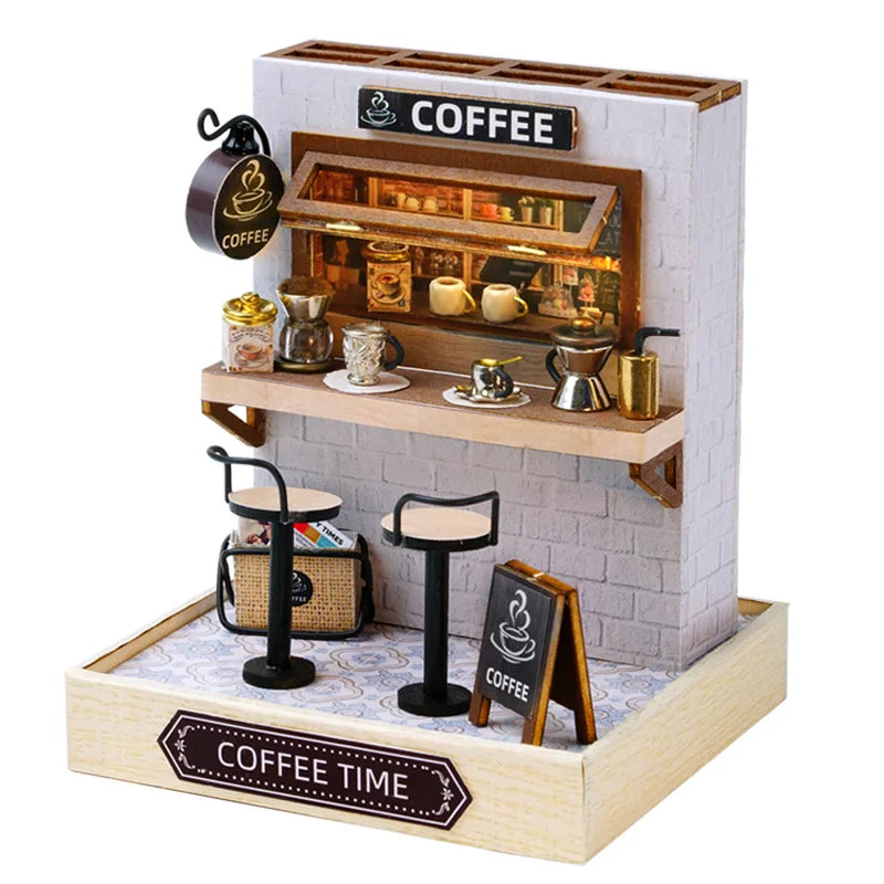 LuxeOrbit DIY 3D Puzzles Wooden Toy Miniature Dollhouse Handmade Doll House Model Building Kits Coffee House Toys For Children Gifts