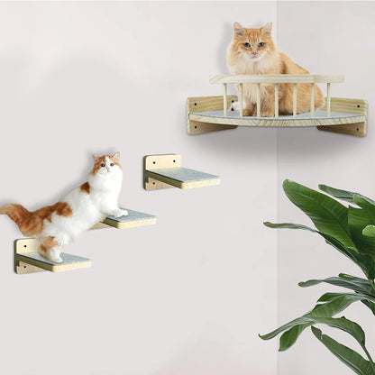 LuxeOrbit Cat Climbing Tree Wall Mounted Wooden Cat Shelves Jumping Furniture Cat Scratching Post Hammock Stairs Playing Climbing Frame