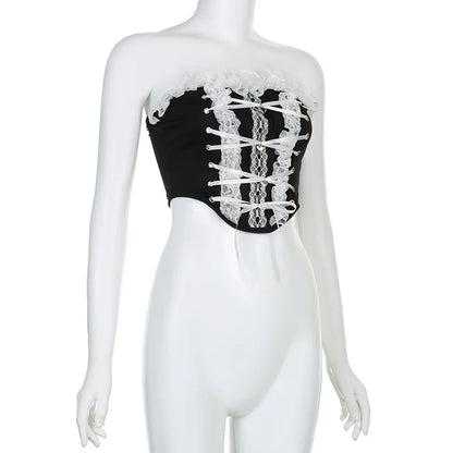 LuxeOrbit  2000s style y2k white lace corset crop top vest coquett clothes sexy tank tube top black and white camisas