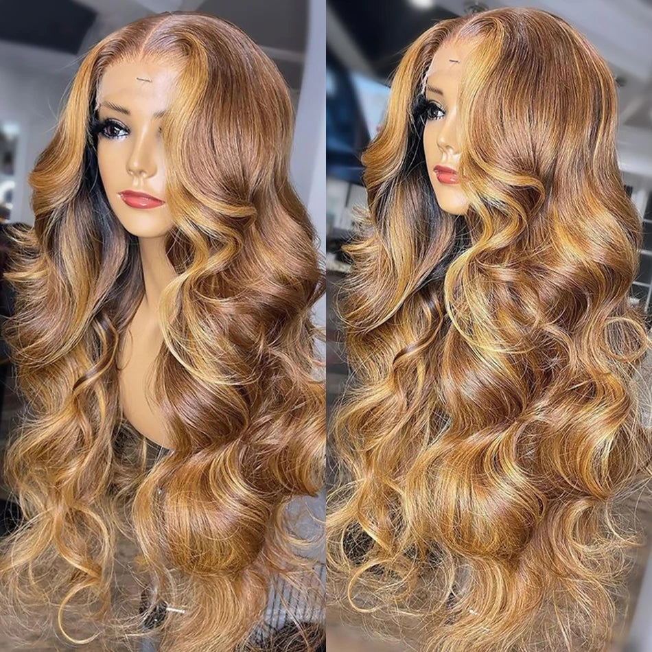 LuxeOrbit 13x6 Highlight Lace Frontal Wig Human Hair Body Wave Ombre Colored Honey Blonde Lace Front Human Hair Wigs For Women Pre Plucked