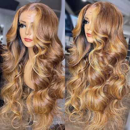 LuxeOrbit 13x6 Highlight Lace Frontal Wig Human Hair Body Wave Ombre Colored Honey Blonde Lace Front Human Hair Wigs For Women Pre Plucked