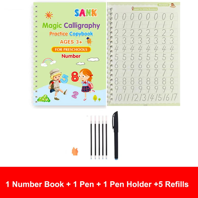 LuxeOrbit 4pcs Sank Magic Practice Copybook Pen Preschools Kids Calligraphy English Verison Free Wiping Children Reusable Writing Book