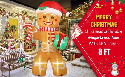 LuxeOrbit 8FT/2.4M Christmas Inflatables Gingerbread Man with Gift Pack Outdoor Decorations Xmas Yard Decorations with LED Lights for Lawn