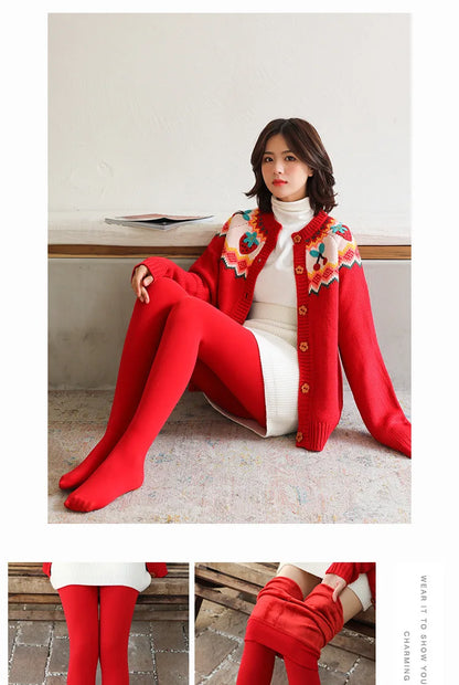 LuxeOrbit 160g 300g New Design Bright Women Red Leggings Wedding Autumn Winter Plush Thickened Pantyhose Wear Benmingnian Warm Pants