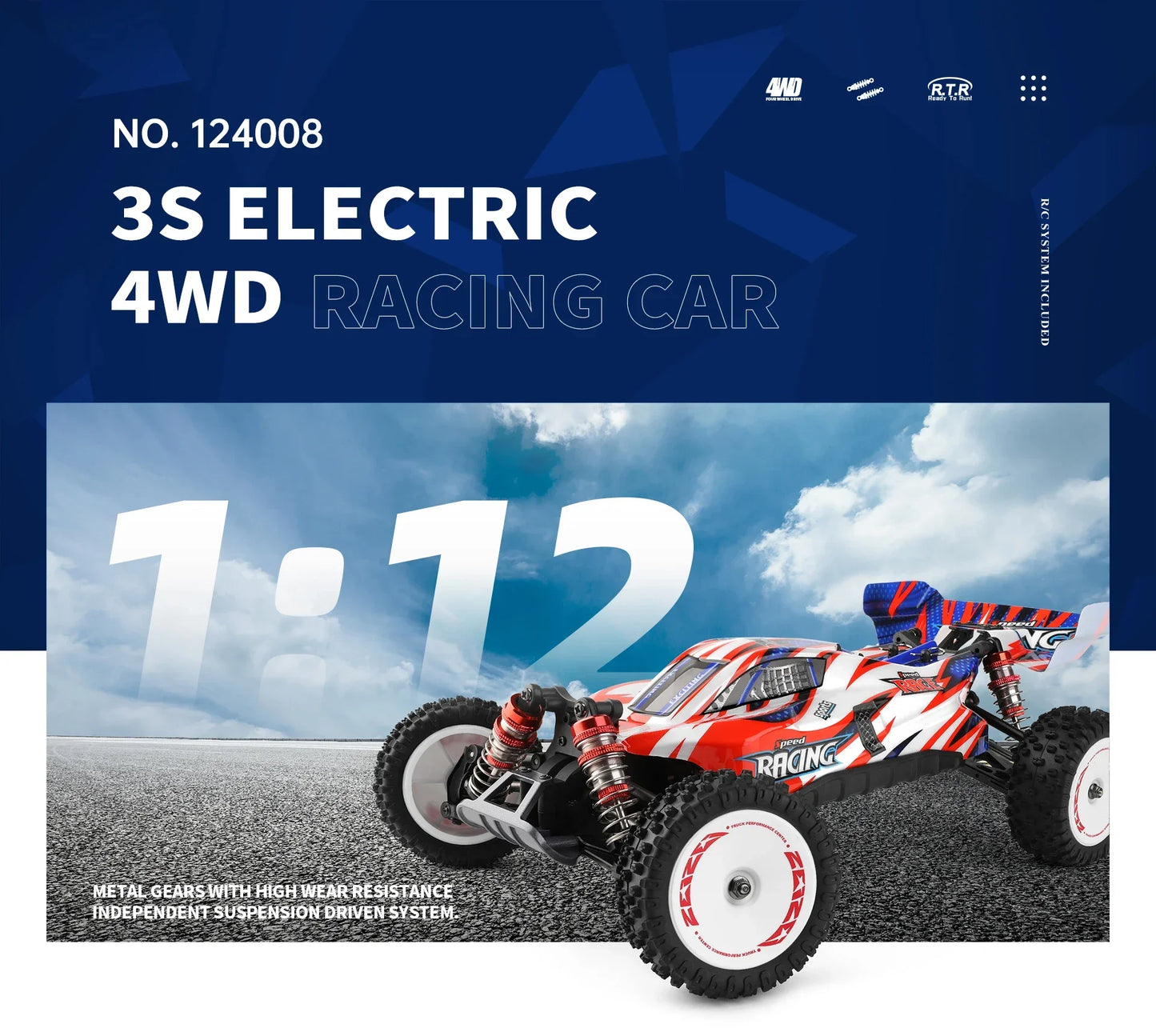 LuxeOrbit 124008 60KM/H RC Car With 3S Battery Professional Racing Car 4WD Brushless Electric Remote Control Cars Children's Toys