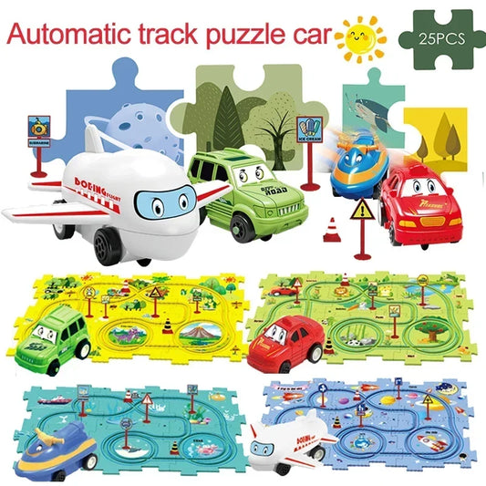 LuxeOrbit DIYChildren Puzzle Electric Railroad Speeder DIY Assembly Electric Car Automatic Rail City Scene Construction Baby Play Mat Gift